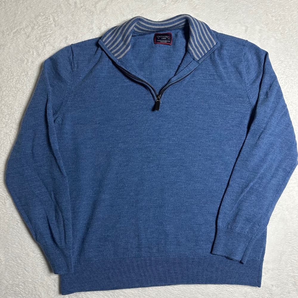 UNTUCKit Mens Blue Extra Fine Merino Wool Quarter Zip Sweater Large Striped Trim